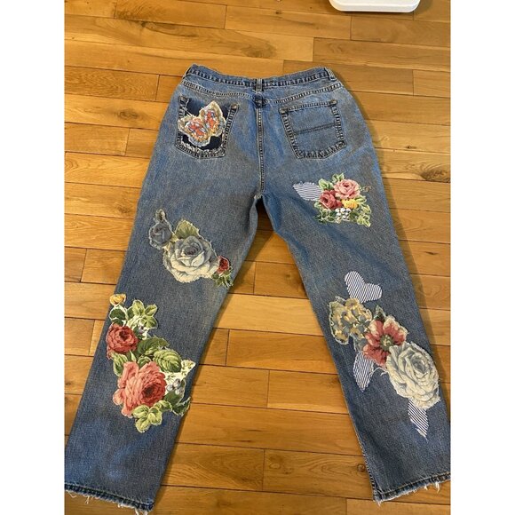 OOAK SAVED JEANS REFASHIONED UPCYCLED PATCHED DISTRESSED WASHED AND FRINGED 16A - Picture 8 of 16